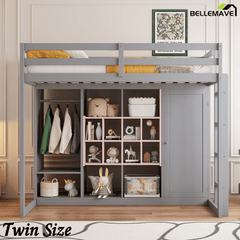 Bellemave® Twin Size Kids Loft Bed with Wardrobe and Shelves, Wooden Loft Bed Frame with Storage Cabinet for Kids Teens (White+Yellow) - Bellemave