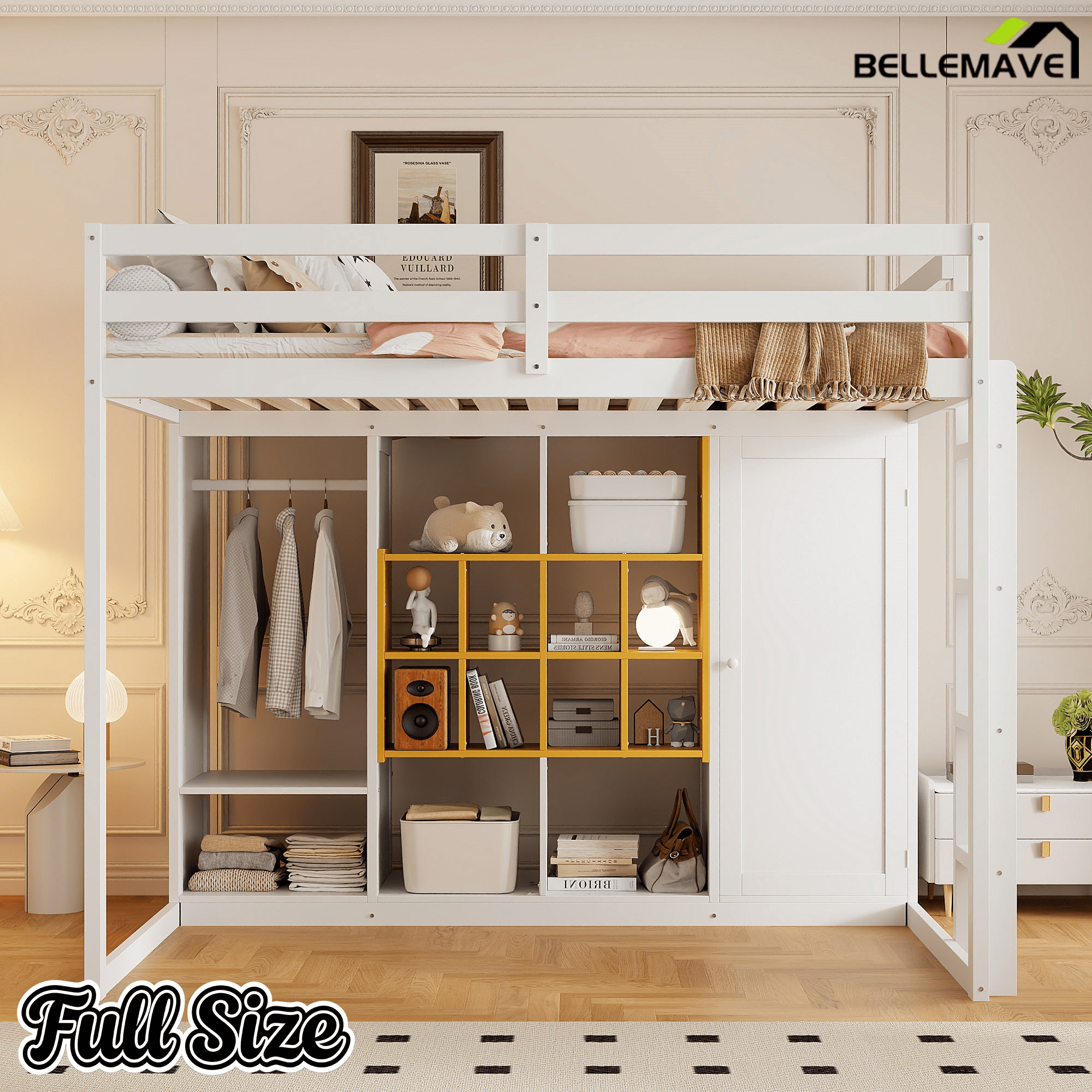 Bellemave® Twin Size Kids Loft Bed with Wardrobe and Shelves, Wooden Loft Bed Frame with Storage Cabinet for Kids Teens (White+Yellow) - Bellemave