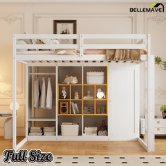 Bellemave® Twin Size Kids Loft Bed with Wardrobe and Shelves, Wooden Loft Bed Frame with Storage Cabinet for Kids Teens (White+Yellow) - Bellemave