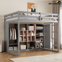 Bellemave® Twin Size Kids Loft Bed with Wardrobe and Shelves, Wooden Loft Bed Frame with Storage Cabinet for Kids Teens (White+Yellow) - Bellemave