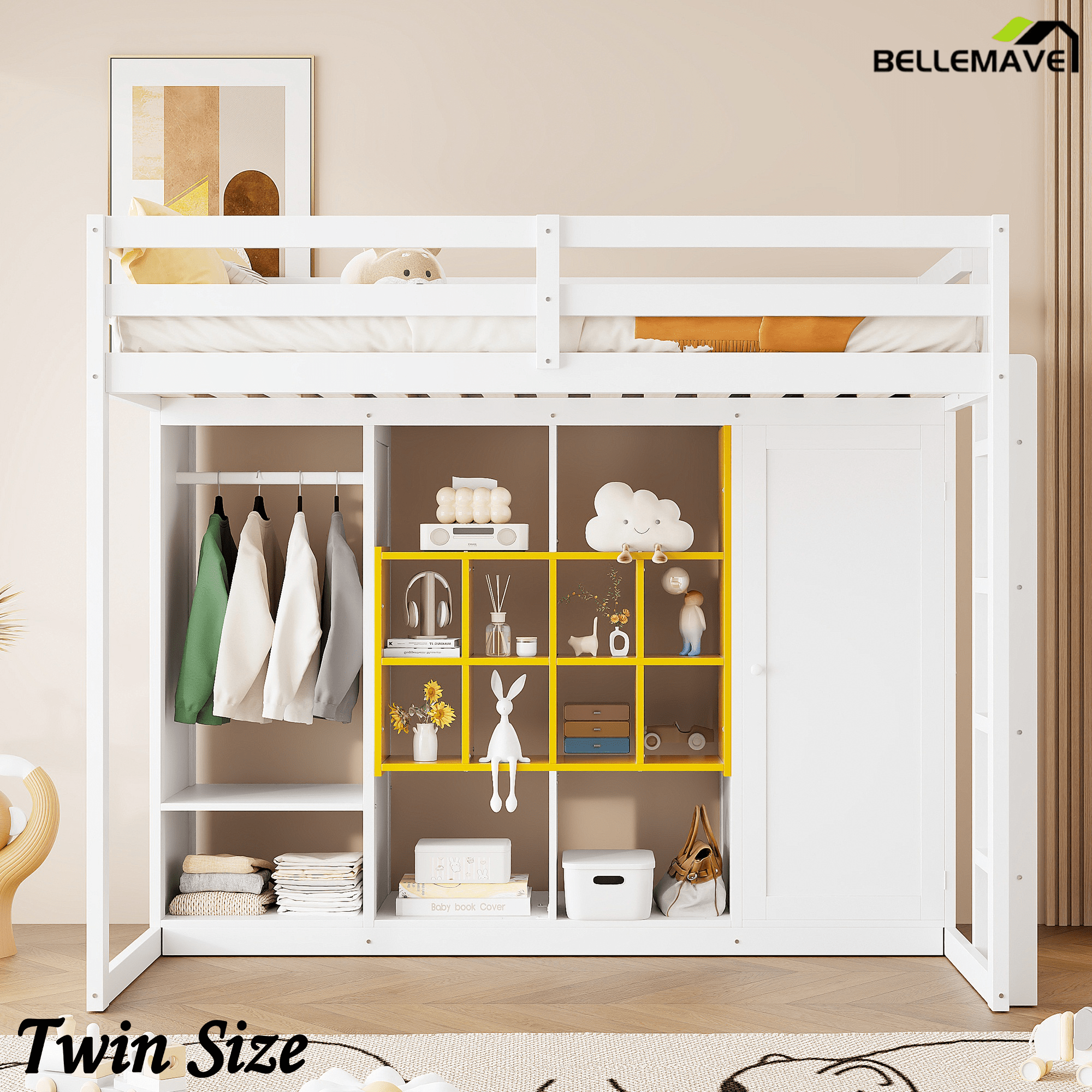 Bellemave® Twin Size Kids Loft Bed with Wardrobe and Shelves, Wooden Loft Bed Frame with Storage Cabinet for Kids Teens (White+Yellow) - Bellemave