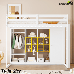 Bellemave® Twin Size Kids Loft Bed with Wardrobe and Shelves, Wooden Loft Bed Frame with Storage Cabinet for Kids Teens (White+Yellow) - Bellemave