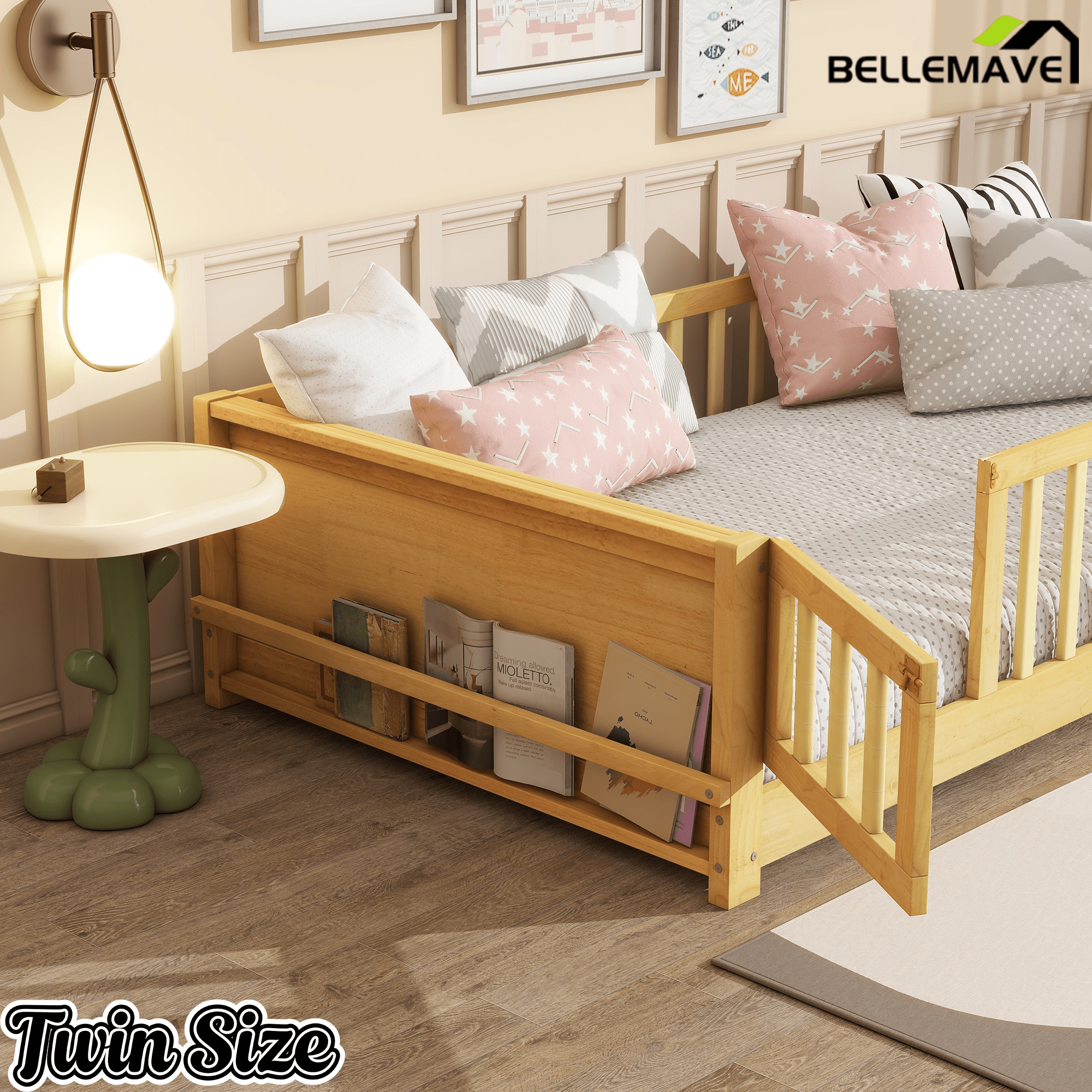 Bellemave® Twin Size Kids Montessori Floor Bed,Twin Floor Bed Frame with Slats and Bookcase,Solid Wood Montessori Bed for Girls Boys,White - Bellemave
