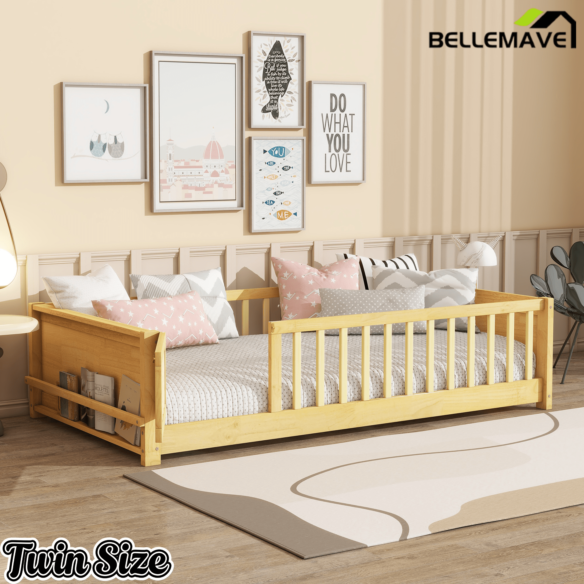 Bellemave® Twin Size Kids Montessori Floor Bed,Twin Floor Bed Frame with Slats and Bookcase,Solid Wood Montessori Bed for Girls Boys,White - Bellemave