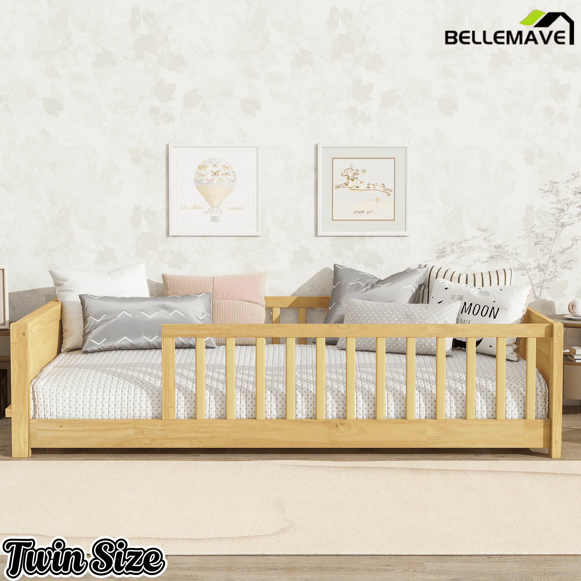 Bellemave® Twin Size Kids Montessori Floor Bed,Twin Floor Bed Frame with Slats and Bookcase,Solid Wood Montessori Bed for Girls Boys,White - Bellemave