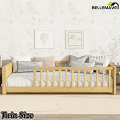 Bellemave® Twin Size Kids Montessori Floor Bed,Twin Floor Bed Frame with Slats and Bookcase,Solid Wood Montessori Bed for Girls Boys,White - Bellemave