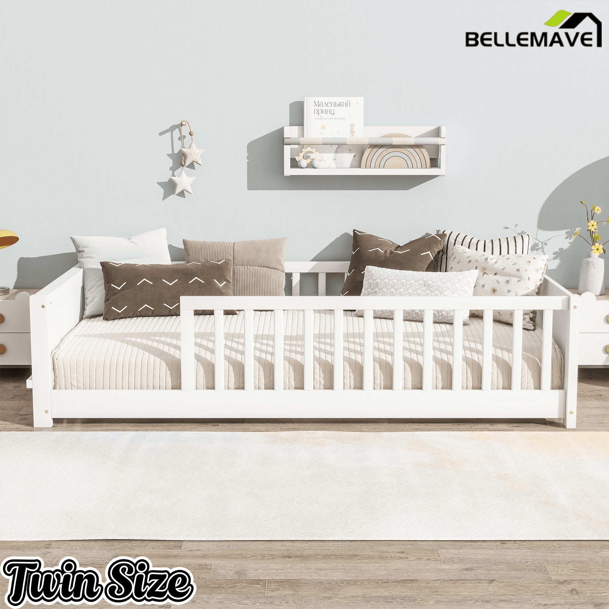 Bellemave® Twin Size Kids Montessori Floor Bed,Twin Floor Bed Frame with Slats and Bookcase,Solid Wood Montessori Bed for Girls Boys,White - Bellemave