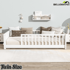Bellemave® Twin Size Kids Montessori Floor Bed,Twin Floor Bed Frame with Slats and Bookcase,Solid Wood Montessori Bed for Girls Boys,White - Bellemave