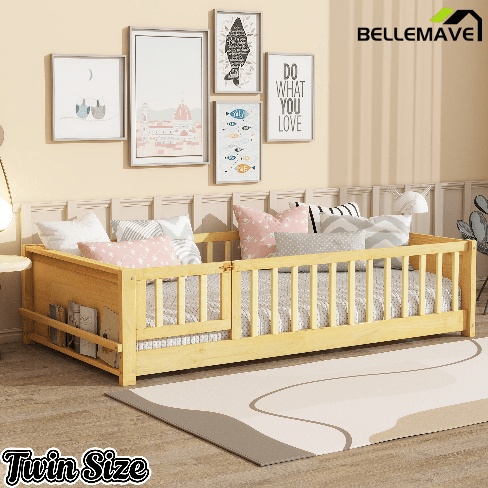 Bellemave® Twin Size Kids Montessori Floor Bed,Twin Floor Bed Frame with Slats and Bookcase,Solid Wood Montessori Bed for Girls Boys,White - Bellemave