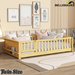 Bellemave® Twin Size Kids Montessori Floor Bed,Twin Floor Bed Frame with Slats and Bookcase,Solid Wood Montessori Bed for Girls Boys,White - Bellemave