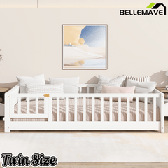 Bellemave® Twin Size Kids Montessori Floor Bed,Twin Floor Bed Frame with Slats and Bookcase,Solid Wood Montessori Bed for Girls Boys,White - Bellemave