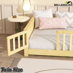 Bellemave® Twin Size Kids Montessori Floor Bed,Twin Floor Bed Frame with Slats and Bookcase,Solid Wood Montessori Bed for Girls Boys,White - Bellemave