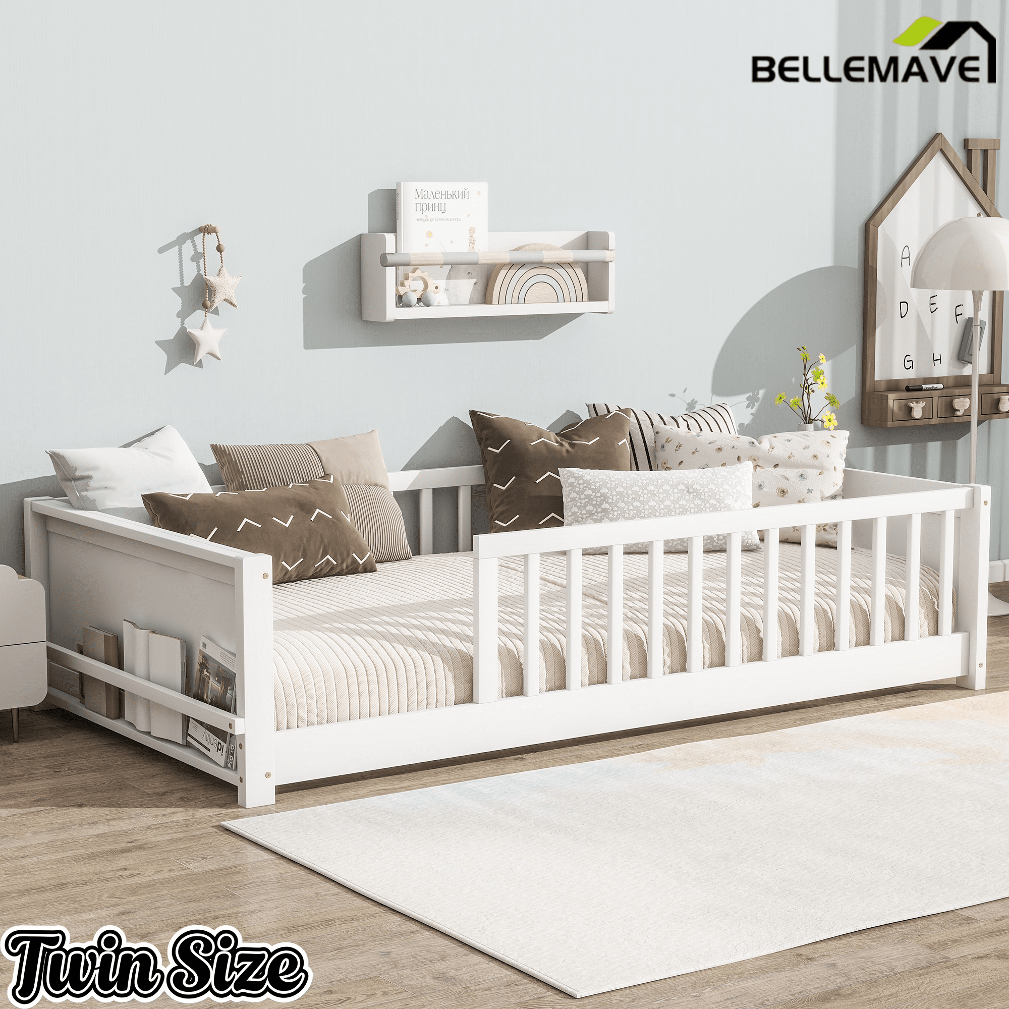 Bellemave® Twin Size Kids Montessori Floor Bed,Twin Floor Bed Frame with Slats and Bookcase,Solid Wood Montessori Bed for Girls Boys,White - Bellemave