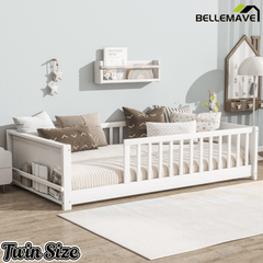 Bellemave® Twin Size Kids Montessori Floor Bed,Twin Floor Bed Frame with Slats and Bookcase,Solid Wood Montessori Bed for Girls Boys,White - Bellemave