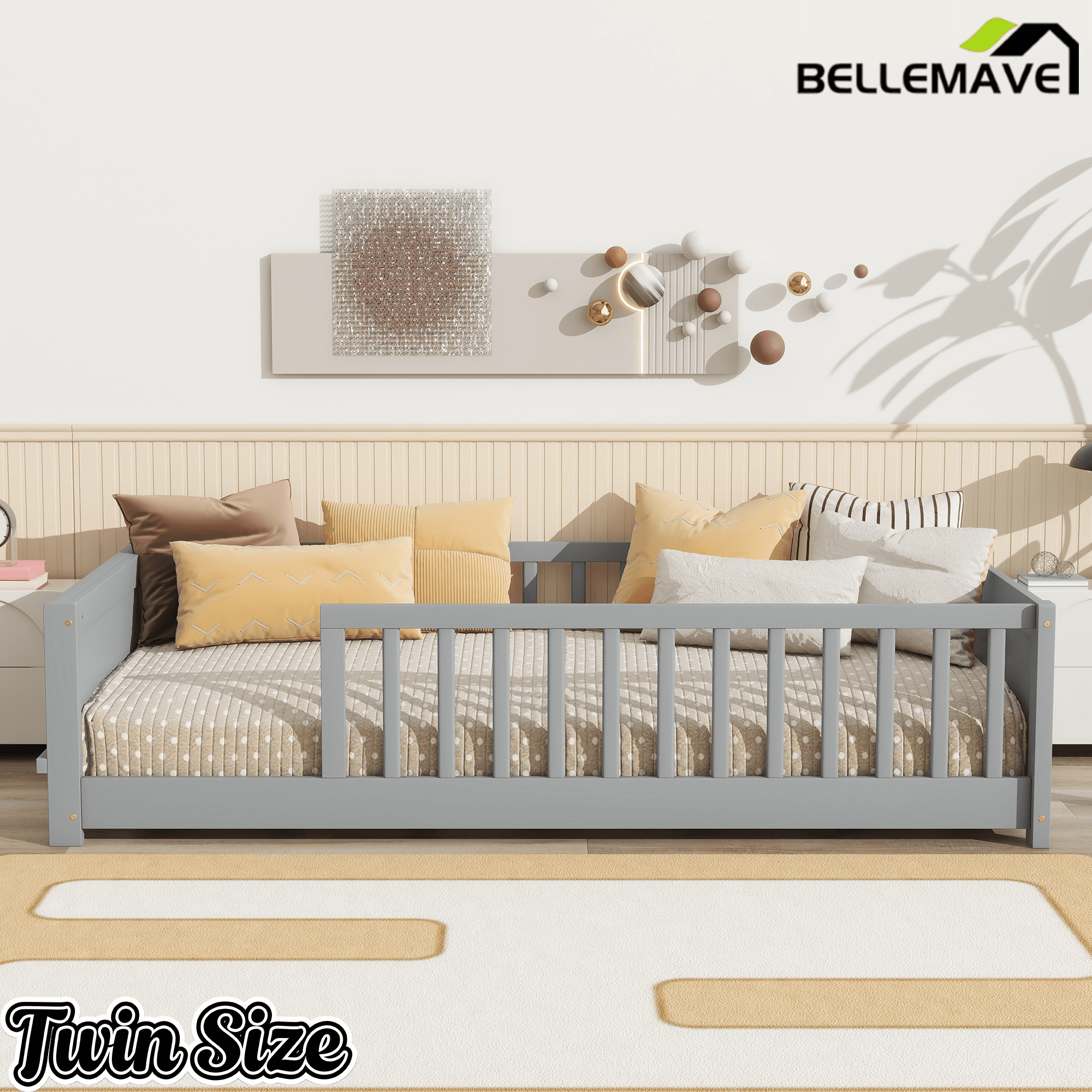 Bellemave® Twin Size Kids Montessori Floor Bed,Twin Floor Bed Frame with Slats and Bookcase,Solid Wood Montessori Bed for Girls Boys,White - Bellemave