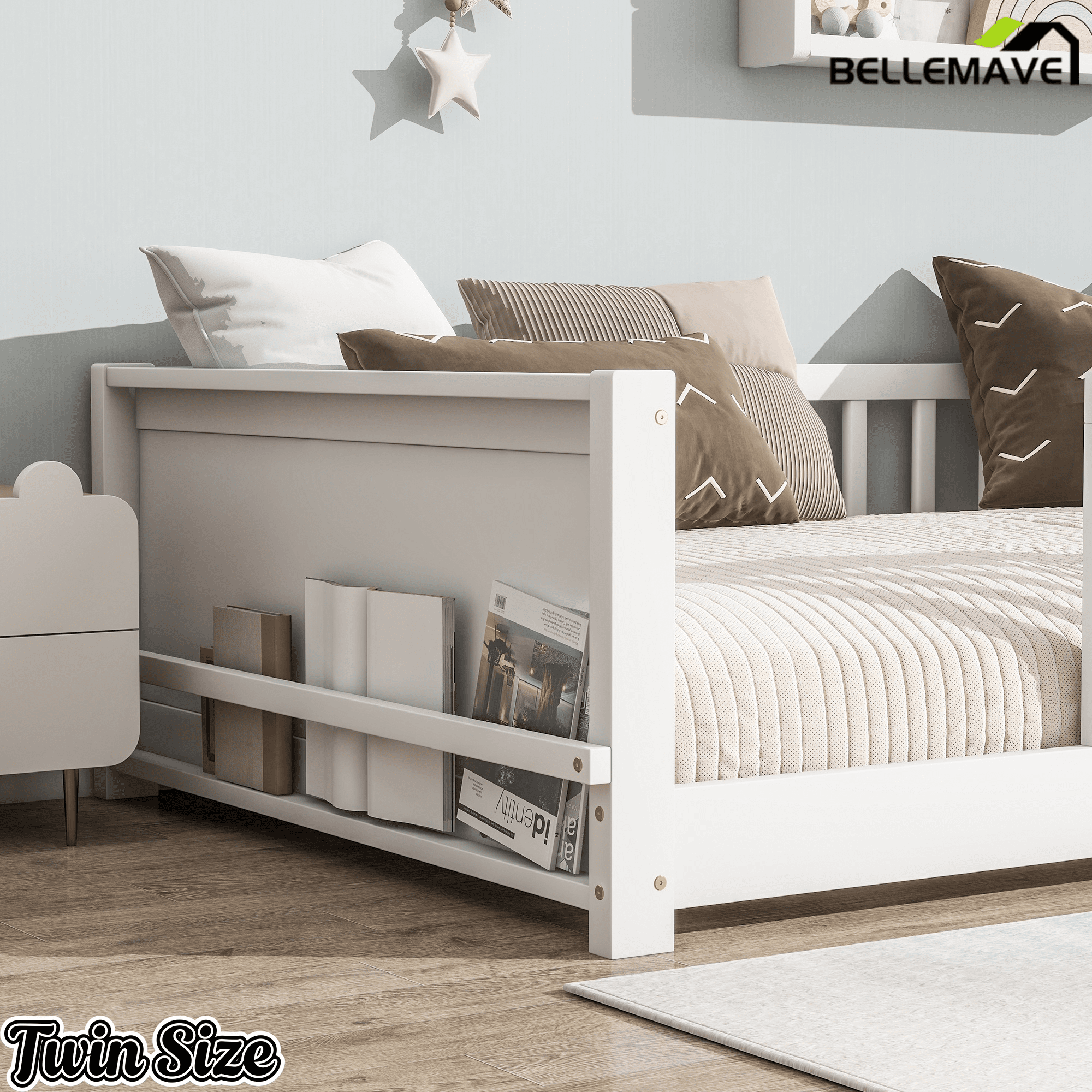 Bellemave® Twin Size Kids Montessori Floor Bed,Twin Floor Bed Frame with Slats and Bookcase,Solid Wood Montessori Bed for Girls Boys,White - Bellemave