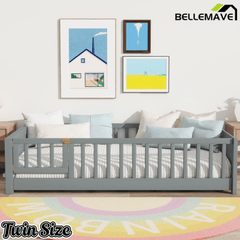 Bellemave® Twin Size Kids Montessori Floor Bed,Twin Floor Bed Frame with Slats and Bookcase,Solid Wood Montessori Bed for Girls Boys,White - Bellemave