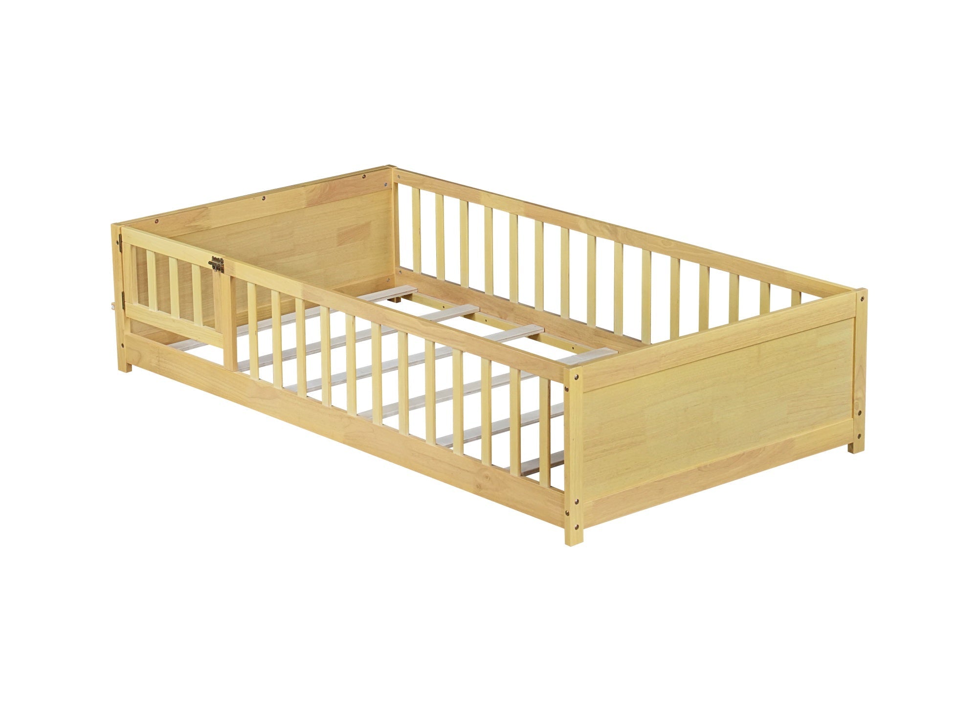 Bellemave® Twin Size Kids Montessori Floor Bed,Twin Floor Bed Frame with Slats and Bookcase,Solid Wood Montessori Bed for Girls Boys,White - Bellemave