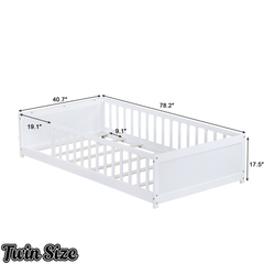 Bellemave® Twin Size Kids Montessori Floor Bed,Twin Floor Bed Frame with Slats and Bookcase,Solid Wood Montessori Bed for Girls Boys,White - Bellemave