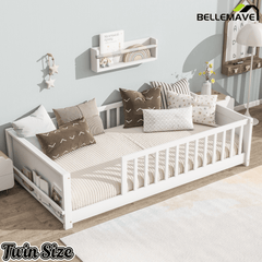 Bellemave® Twin Size Kids Montessori Floor Bed,Twin Floor Bed Frame with Slats and Bookcase,Solid Wood Montessori Bed for Girls Boys,White - Bellemave