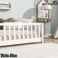 Bellemave® Twin Size Kids Montessori Floor Bed,Twin Floor Bed Frame with Slats and Bookcase,Solid Wood Montessori Bed for Girls Boys,White - Bellemave