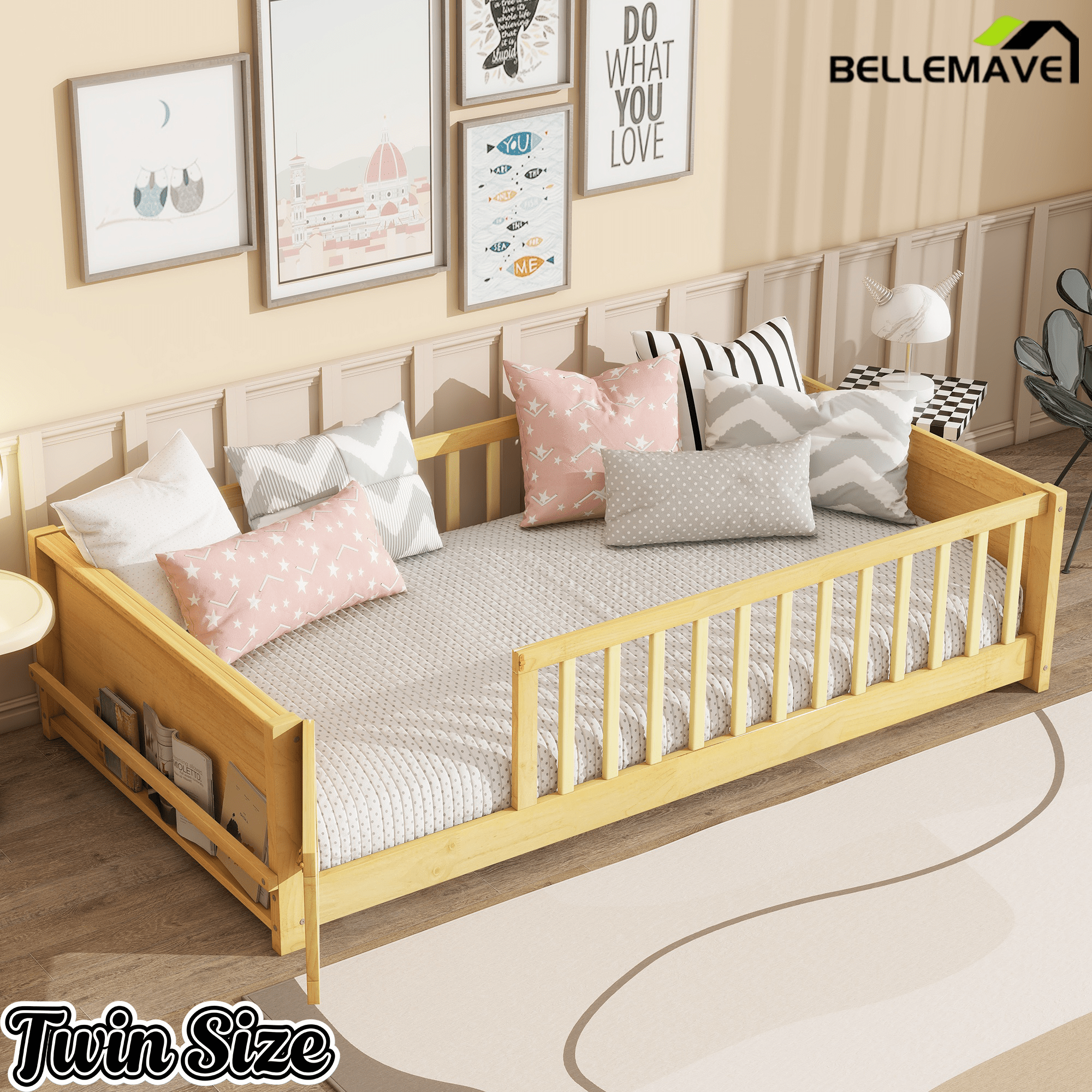 Bellemave® Twin Size Kids Montessori Floor Bed,Twin Floor Bed Frame with Slats and Bookcase,Solid Wood Montessori Bed for Girls Boys,White - Bellemave