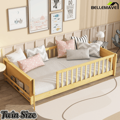 Bellemave® Twin Size Kids Montessori Floor Bed,Twin Floor Bed Frame with Slats and Bookcase,Solid Wood Montessori Bed for Girls Boys,White - Bellemave