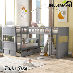 Bellemave® Twin Size L - shaped Bunk Bed with a Loft Bed attached, with Two Drawers - Bellemave