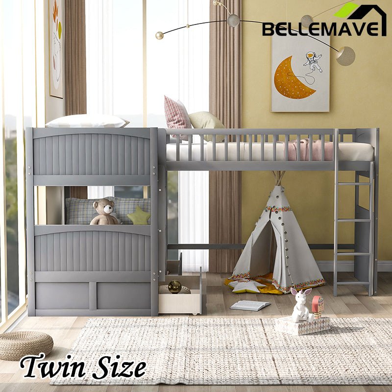 Bellemave® Twin Size L - shaped Bunk Bed with a Loft Bed attached, with Two Drawers - Bellemave