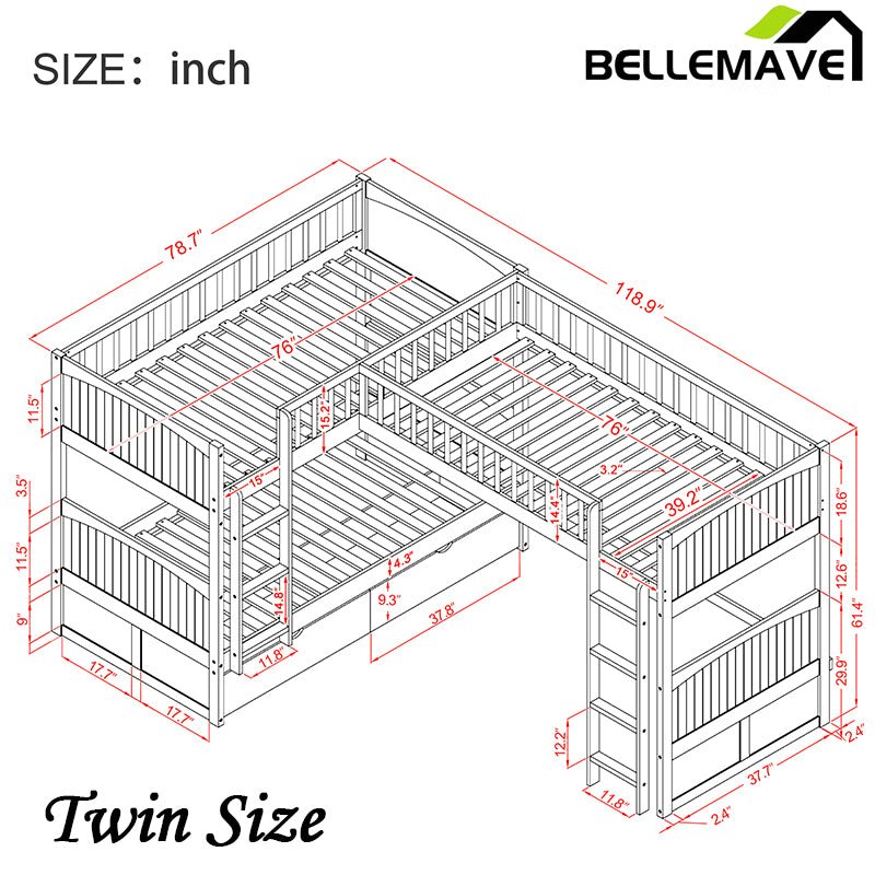 Bellemave® Twin Size L - shaped Bunk Bed with a Loft Bed attached, with Two Drawers - Bellemave