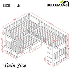 Bellemave® Twin Size L - shaped Bunk Bed with a Loft Bed attached, with Two Drawers - Bellemave