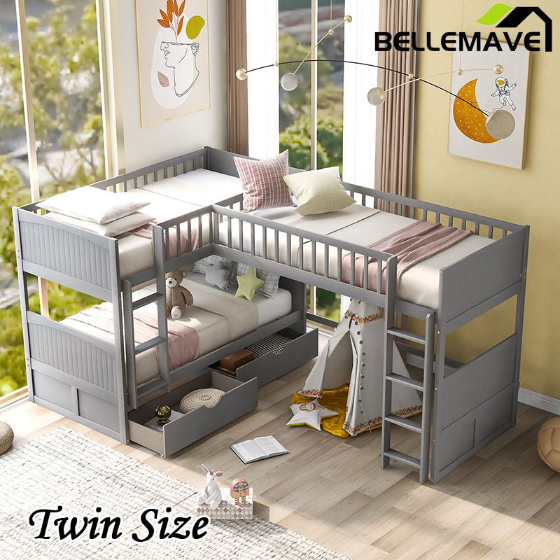 Bellemave® Twin Size L - shaped Bunk Bed with a Loft Bed attached, with Two Drawers - Bellemave