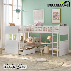 Bellemave® Twin Size L - shaped Bunk Bed with a Loft Bed attached, with Two Drawers - Bellemave