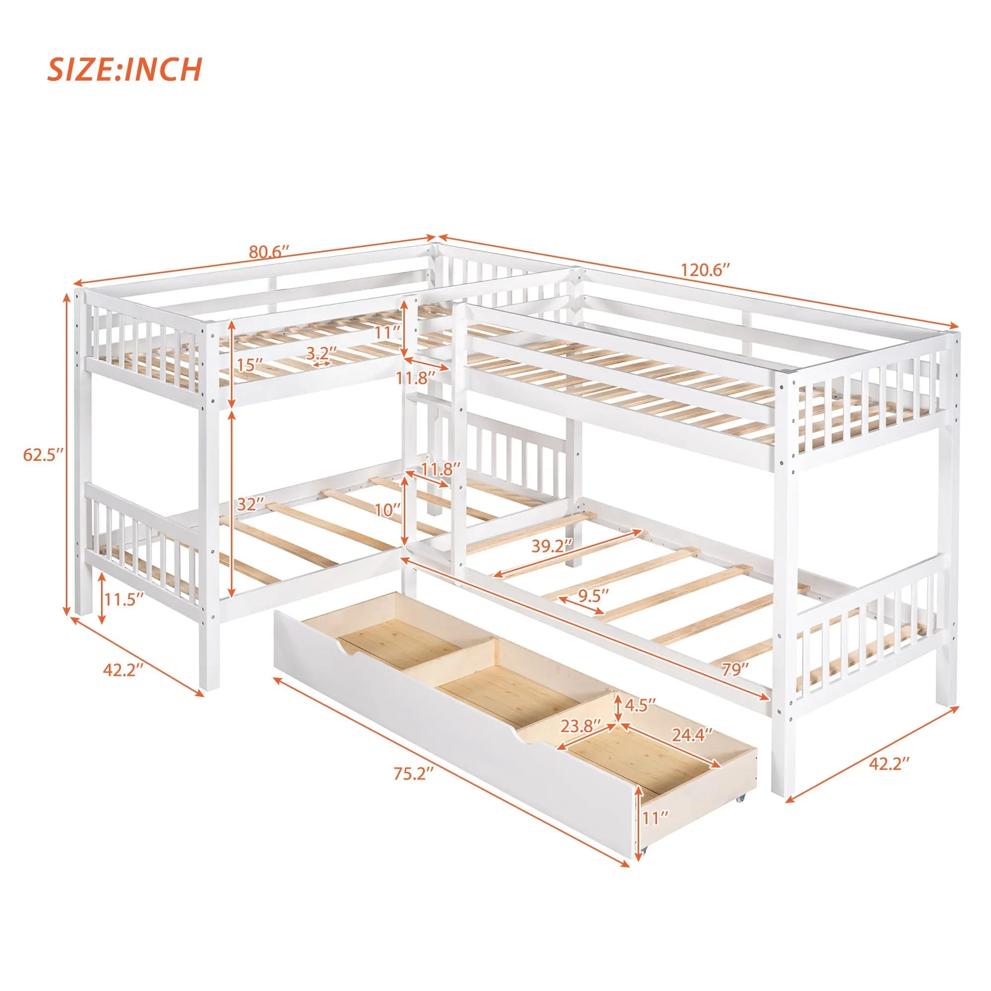 Bellemave® Twin Size L - Shaped Bunk Bed with Drawers - Bellemave