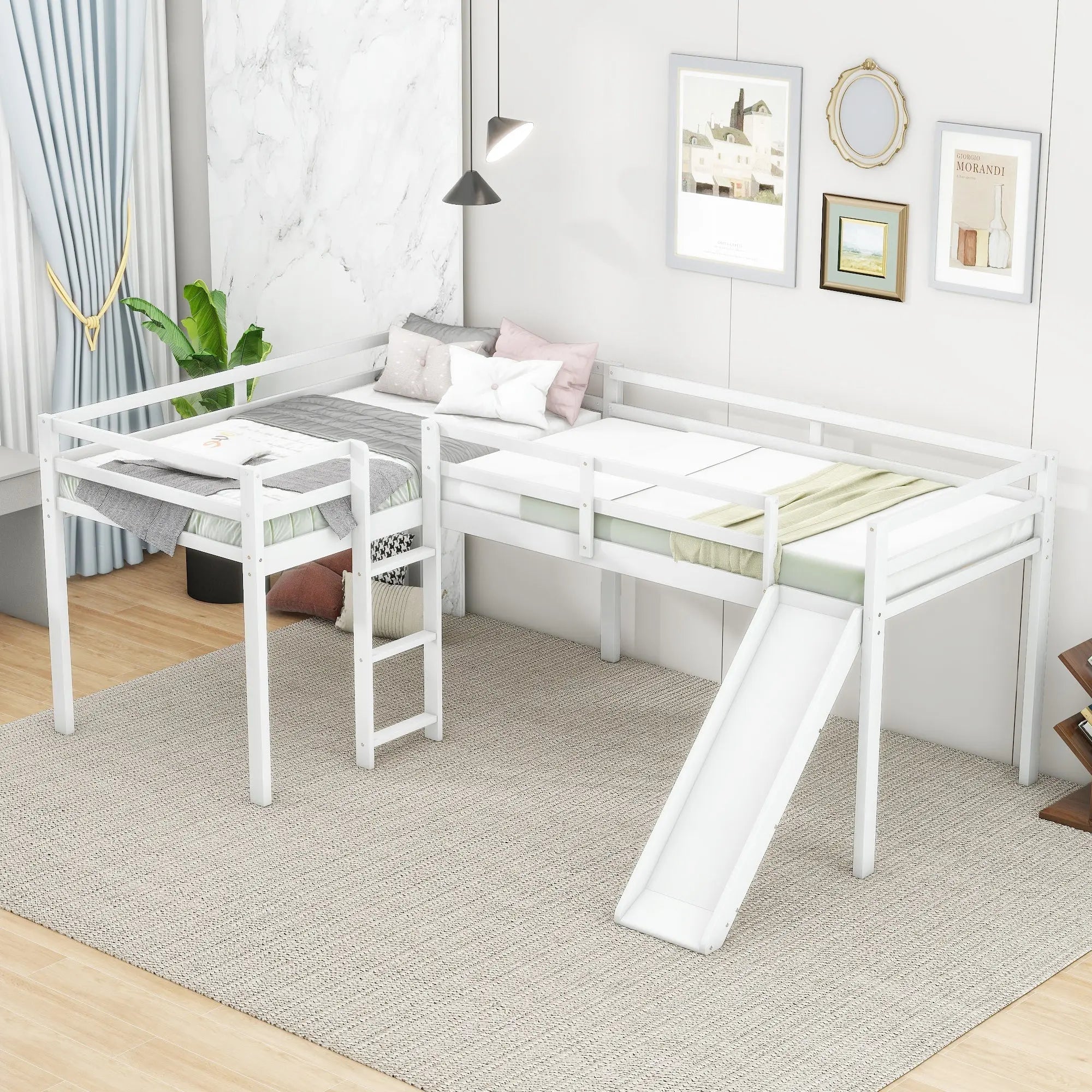 Bellemave® Twin Size L - Shaped Low Loft Bed with Ladder and Slide - Bellemave