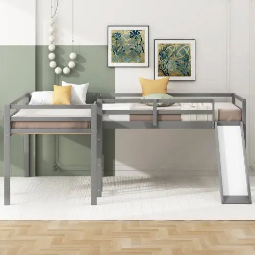 Bellemave® Twin Size L - Shaped Low Loft Bed with Ladder and Slide - Bellemave