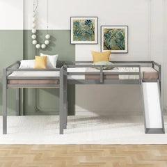 Bellemave® Twin Size L - Shaped Low Loft Bed with Ladder and Slide - Bellemave