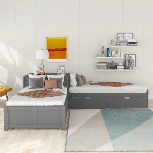 Bellemave® Twin Size L - shaped Platform Bed with Trundle and Drawers Linked with Built - In Desk - Bellemave