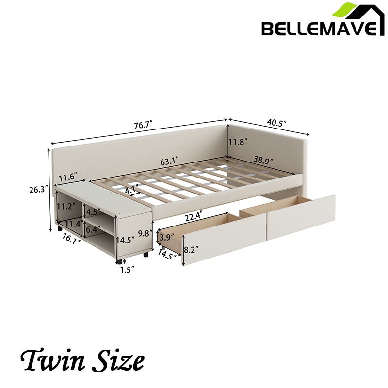 Bellemave® Twin size L - Shaped Upholstered Daybed with Storage and Drawers - Bellemave