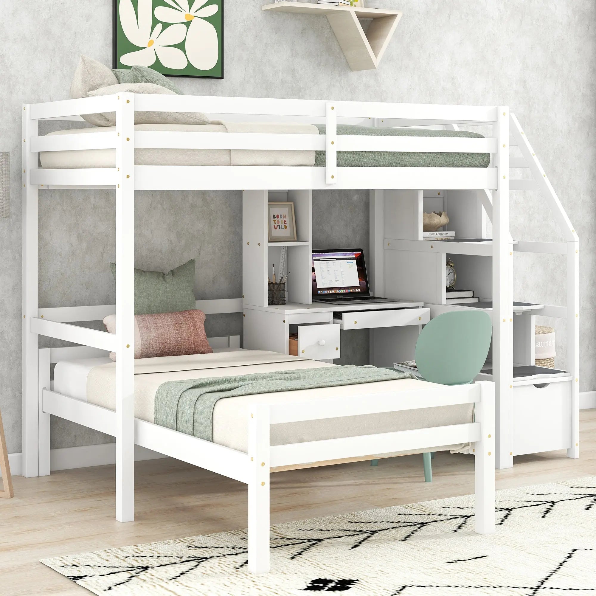 Bellemave® Twin Size Loft Bed with A Stand - Alone Bed, Storage Staircase, Desk, Shelves and Drawer - Bellemave