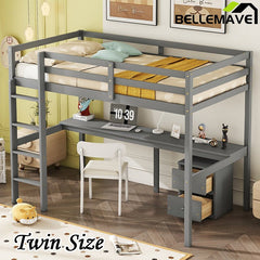 Bellemave® Twin Size Loft Bed with Built - in Desk, a Storage Cabinet of 2 Drawers, Guardrails and Ladder - Bellemave