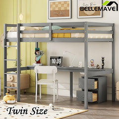 Bellemave® Twin Size Loft Bed with Built - in Desk, a Storage Cabinet of 2 Drawers, Guardrails and Ladder - Bellemave