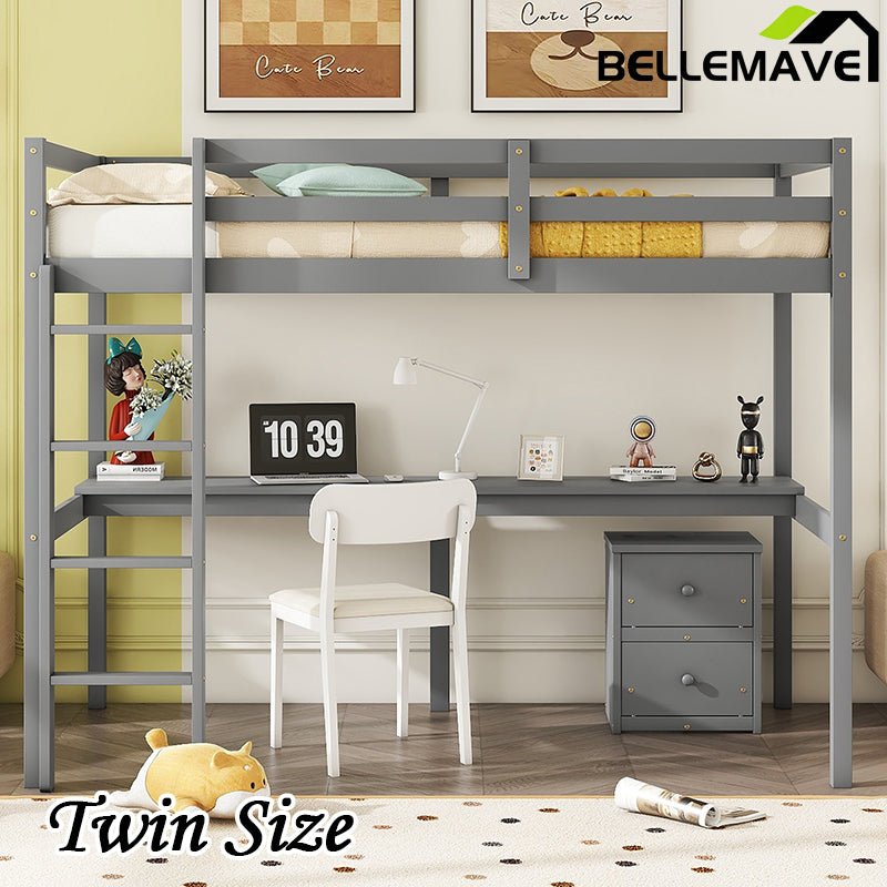 Bellemave® Twin Size Loft Bed with Built - in Desk, a Storage Cabinet of 2 Drawers, Guardrails and Ladder - Bellemave
