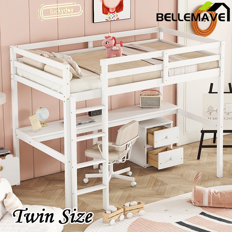 Bellemave® Twin Size Loft Bed with Built - in Desk, a Storage Cabinet of 2 Drawers, Guardrails and Ladder - Bellemave