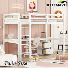 Bellemave® Twin Size Loft Bed with Built - in Desk, a Storage Cabinet of 2 Drawers, Guardrails and Ladder - Bellemave