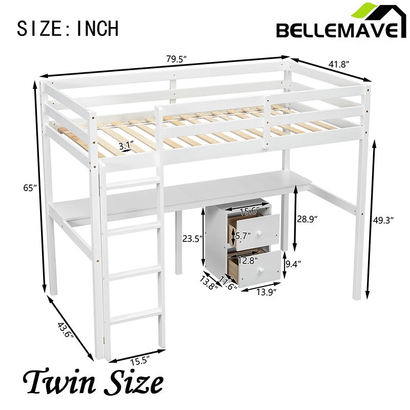 Bellemave® Twin Size Loft Bed with Built - in Desk, a Storage Cabinet of 2 Drawers, Guardrails and Ladder - Bellemave