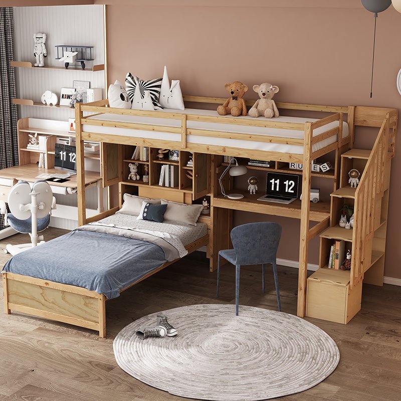 Bellemave® Twin Size Loft Bed with Built - in Desk and Staircase, Storage Compartments and Shelves - Bellemave