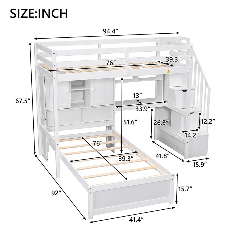 Bellemave® Twin Size Loft Bed with Built - in Desk and Staircase, Storage Compartments and Shelves - Bellemave