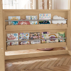 Kids loft bed with built-in storage shelves and play area underneath