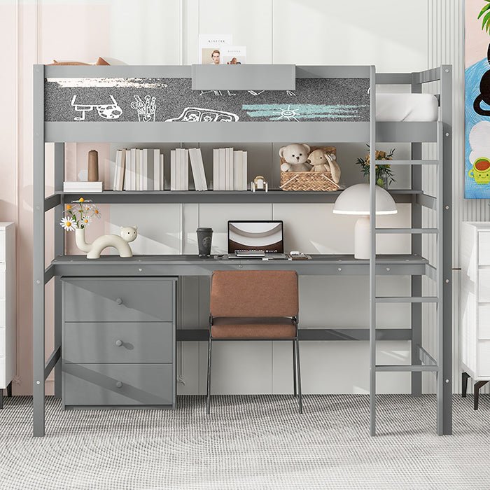 Bellemave® Twin Size Loft Bed with Desk, Blackboard and Storage Box, Shelf and 3 Drawers - Bellemave